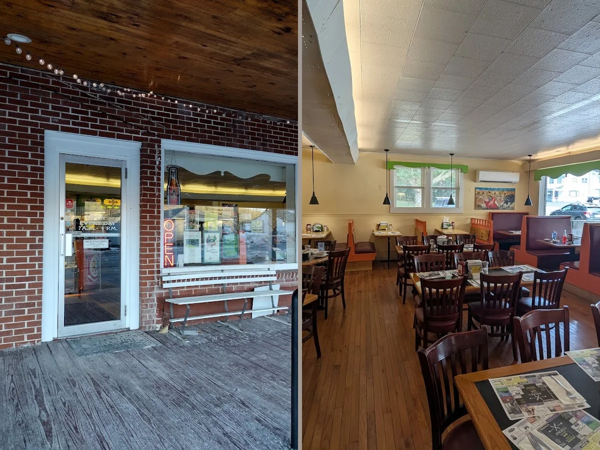 Simple booths and table service inside Angel's.